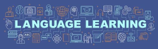 Language learning word concept banner. Grammar, speaking skills. Foreign language online school. Self education. Isolated lettering typography idea with linear icons. Presentation. Vector illustration