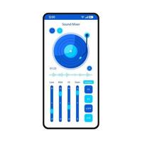 Sound mixer app smartphone interface vector template. Mobile page black design layout. Audio equalizer. Voice recorder. DJ music mixer screen. Flat UI for application. Volume turntable. Phone display