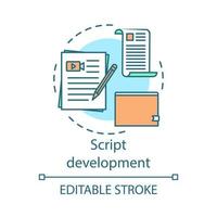 Script development concept icon. Video pre production idea thin line illustration. Film scenario writing. Scripting. Screenwriting. Cinematography. Vector isolated outline drawing. Editable stroke