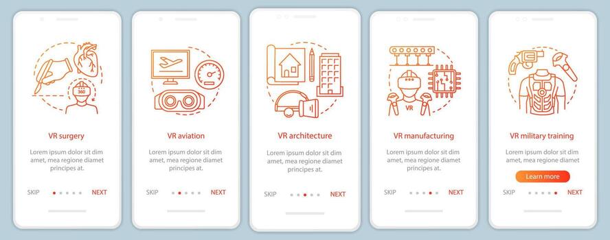aplicaciones de realidad virtual que incorporan la pantalla de la página de la aplicación móvil con conceptos. vr producción, aviación, militar, cirugía, pasos paso a paso, instrucciones gráficas. ux, ui, plantilla de vector de interfaz gráfica de usuario con iconos