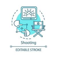 Shooting concept icon. Video production idea thin line illustration. Cinematography. Film making, directing. Movie production process. Filming. Vector isolated outline drawing. Editable stroke