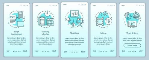 plantilla de vector de pantalla de página de aplicación móvil de incorporación de producción de video. proceso de realización de películas. industria del cine. paso a paso del sitio web con ilustraciones lineales. concepto de interfaz de teléfono inteligente ux, ui, gui