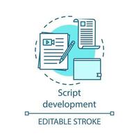 Script development concept icon. Video pre production idea thin line illustration. Film scenario writing. Scripting. Screenwriting. Cinematography. Vector isolated outline drawing. Editable stroke