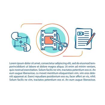 Video production article page vector template. Film editing, directing. Brochure, magazine, booklet design element with linear icons and text boxes. Print design. Concept illustrations with text space