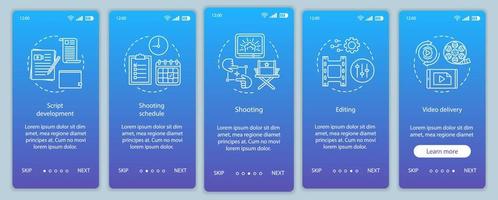 plantilla de vector de pantalla de página de aplicación móvil de incorporación de producción de video. proceso de realización de películas. industria del cine. paso a paso del sitio web con ilustraciones lineales. concepto de interfaz de teléfono inteligente ux, ui, gui