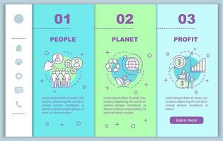 Resource management onboarding mobile web pages vector template. People, planet and profit. Triple bottom line. Responsive smartphone website interface. Webpage walkthrough step screens. Color concept