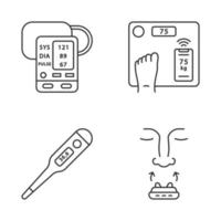 Medical devices linear icons set. Blood pressure monitor, body weight smart scales, thermometer, anti snoring clip. Thin line contour symbols. Isolated vector outline illustrations. Editable stroke