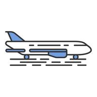 Plane on ground color icon. Jet runway. Airplane landing strip. Air terminal. Aviation service. Aircraft travel. Jetliner. Airliner journey. Isolated vector illustration