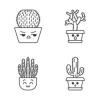 cactus lindos personajes lineales kawaii. plantas con caras tristes. cactus barril enojado. cactus de tubo de órgano feliz. cactus caseros en maceta. conjunto de iconos de línea delgada. vector ilustración de contorno aislado. trazo editable