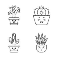 cactus lindos personajes lineales kawaii. cactus elefante silencioso. cactus peyote riendo con cara triste. besando cactus cebra en casa. conjunto de iconos de línea delgada. vector ilustración de contorno aislado. trazo editable