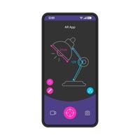 AR app smartphone interface vector template. Mobile page blue design layout. Augmented reality prototyping. Virtual table lamp modeling, visualization screen. Flat UI for application. Phone display