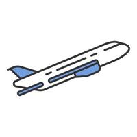 Plane flying up color icon. Airplane takeoff. Jet gaining up height. Air terminal. Aviation service. Jetliner. Aircraft travel. Airliner journey. Isolated vector illustration