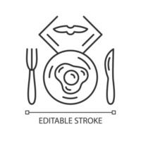 Flight breakfast linear icon. Fried egg on plate. Airplane food. Cutlery. Plane lunch. Jet menu. Thin line illustration. Contour symbol. Vector isolated outline drawing. Editable stroke