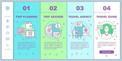 Traveling onboarding mobile web pages vector template. Travel agency. Trip planning. Responsive smartphone website interface idea, linear illustration. Webpage walkthrough step screens. Color concept