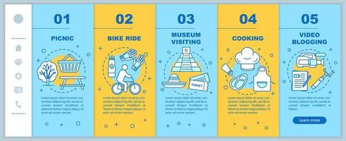 Family activities with kids onboarding mobile web pages vector template. Bike ride. Responsive smartphone website interface idea, linear illustrations. Webpage walkthrough step screens. Color concept