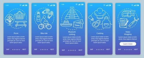 Family activities with kids onboarding mobile app page screen vector template. Bike ride. Museum visiting. Walkthrough website steps with linear illustrations. UX, UI, GUI smartphone interface concept