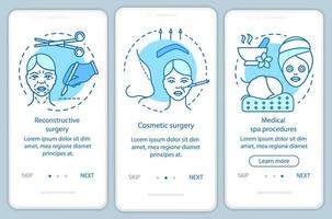 Cosmetic surgery onboarding mobile app page screen with linear concepts. Reconstructive surgery. Three walkthrough steps graphic instructions. UX, UI, GUI vector template with illustrations