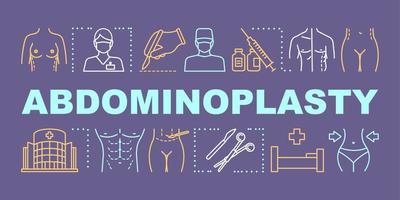 Banner de conceptos de palabra de abdominoplastia. procedimiento de abdominoplastia. cirugía cosmética. presentación, sitio web. idea de tipografía de letras aisladas con iconos lineales. ilustración de contorno vectorial vector