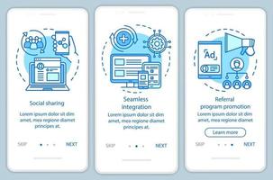 Elementos clave del programa de referencia que incorporan la pantalla de la página de la aplicación móvil con conceptos lineales. instrucciones gráficas de tres pasos paso a paso. atracción de clientes. ux, ui, plantilla de vector de interfaz gráfica de usuario con ilustraciones