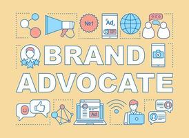 Brand advocate word concepts banner. Influencer, viral marketing tools. Customer attraction. Presentation, website. Isolated lettering typography idea, linear icons. Vector outline illustration