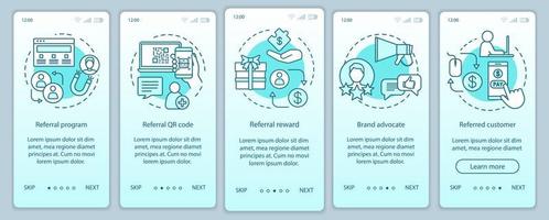 Referral marketing tools onboarding mobile app page screen with linear concepts. Five Steps graphic instructions. Customer attraction, retention. UX, UI, GUI vector template with illustrations