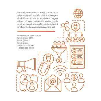 referencia, plantilla de vector de página de artículo de programa de marketing viral. folleto, revista, elemento de diseño de folleto con iconos lineales y cuadros de texto. diseño de impresión. ilustraciones de concepto con espacio de texto