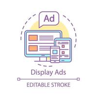 Display ads concept icon. Digital ads, online advertising, display marketing idea thin line illustration. Marketing commercial on screen vector isolated outline drawing. Editable stroke