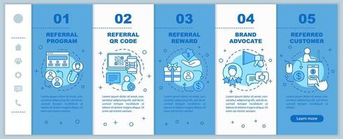 Referral marketing tools onboarding mobile web pages vector template. Responsive smartphone website interface idea with linear illustrations. Webpage walkthrough step screens. Color concept
