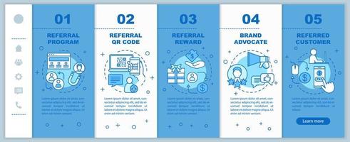 Referral marketing tools onboarding mobile web pages vector template. Responsive smartphone website interface idea with linear illustrations. Webpage walkthrough step screens. Color concept