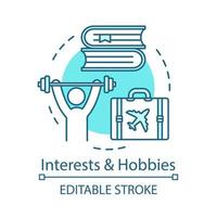 Interests and hobbies turquoise concept icon. Leisure, freetime activities idea thin line illustration. Doing sports, traveling, books reading vector isolated outline drawing. Editable stroke