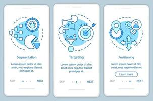 stp blue onboarding plantilla de vector de pantalla de página de aplicación móvil. estrategia de mercado y posicionamiento paso a paso del sitio web con ilustraciones lineales. concepto de interfaz de teléfono inteligente ux, ui, gui