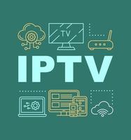 Banner de conceptos de palabra de pino de iptv. presentación, sitio web. tv box, protocolo internet tv, seguimiento multimedia. idea de tipografía de letras aisladas con iconos lineales. ilustración de contorno vectorial vector