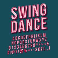 swing dance vintage 3d vector letras. fuente en negrita retro, tipografía. texto estilizado del arte pop. letras, números, símbolos, elementos del estilo de la vieja escuela. Cartel de los 90, 80, pancarta. fondo de color pavo real