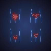 Healthy human organs neon light icons set. Intestines and urinary bladder in good health. Functioning men and women reproductive systems. Fertility. Glowing signs. Vector isolated illustrations