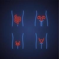 Healthy human organs neon light icons set. Intestines and urinary bladder in good health. Functioning men and women reproductive systems. Fertility. Glowing signs. Vector isolated illustrations