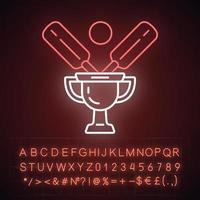 Cricket championship neon light icon. Sport competition. Winner trophy. Champion cup, bat, ball. League competition. Glowing sign with alphabet, numbers and symbols. Vector isolated illustration