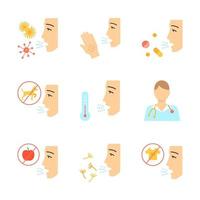 Allergies flat design long shadow color icons set. Contact, food, respiratory diseases. Diagnosis and medication. Hypersensitivity of immune system. Medical problem. Vector silhouette illustrations