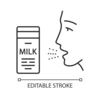Milk allergy linear icon. Food allergy. Allergic reaction to milk proteins. Lactose intolerance. Thin line illustration. Contour symbol. Vector isolated outline drawing. Editable stroke