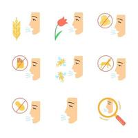 Allergies flat design long shadow color icons set. Food, animal, insect stings allergy, hay fever, diagnosis. Allergic diseases. Medical health care. Vector silhouette illustrations