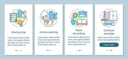 Home services onboarding mobile app page screen with linear concepts. Interior painting. Home decorating. Four walkthrough steps graphic instructions. UX, UI, GUI vector template with illustrations