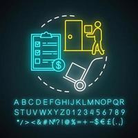 Moving help neon light concept icon. Home service idea. Packing and unpacking boxes. Loading items, furniture into truck. Glowing sign with alphabet, numbers and symbols. Vector isolated illustration