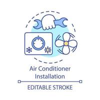 Icono de concepto de instalación de aire acondicionado. servicio a domicilio para dispositivos electrónicos idea ilustración de línea fina. Ventilador de extracción, instalación de aparato de refrigeración. dibujo de contorno aislado vectorial. trazo editable vector