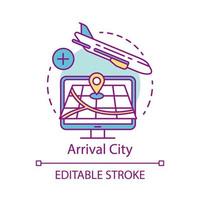 Arrival city concept icon. Flight destination idea thin line illustration. Landing airplane. Travel, journey. Plane flying down. Departure point. Vector isolated outline drawing. Editable stroke