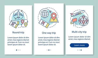 Aircraft flight ticket onboarding mobile app page screen with linear concepts. Round, one way and multi-city trip walkthrough steps graphic instructions. UX, UI, GUI vector template with illustrations