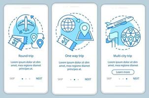 Pantalla de la página de la aplicación móvil de incorporación turquesa del boleto de vuelo del avión con conceptos lineales. viaje y recorrido paso a paso instrucciones gráficas. ux, ui, plantilla de vector de interfaz gráfica de usuario con ilustraciones