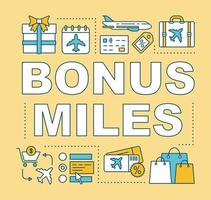 Bonus miles word concepts banner. Earn air miles. Low cost flights. Discount tickets. Presentation, website. Isolated lettering typography idea with linear icons. Vector outline illustration