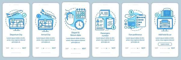 Pantalla de la página de la aplicación móvil de incorporación azul del aeropuerto y del hotel con conceptos lineales. instrucciones gráficas de pasos de recorrido de la ciudad de salida y llegada. ux, ui, plantilla de vector de interfaz gráfica de usuario con ilustraciones