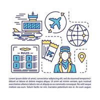 Airline article page vector template. Airplane crew, flight rules. Brochure, magazine, booklet design element with linear icons and text boxes. Print design. Concept illustrations with text space