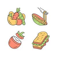 Nutritious food color icons set. Vegetables, pasta, stuffed tomato, sandwich. Cafe, restaurant snack, appetizer. Healthy nutrition. Salad, spaghetti. Isolated vector illustrations