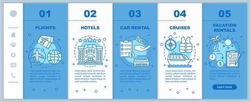 planificador de viajes incorporación de plantillas vectoriales de páginas web móviles. vuelo, crucero. Idea de interfaz de sitio web de teléfono inteligente sensible con ilustraciones lineales. pantallas de pasos del tutorial de la página web. concepto de color vector